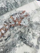 3D Floral Design - Silver - Flowers Embroidered and Beaded With Pearls On a Mesh Lace