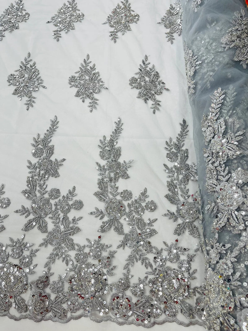 Rose Beaded Sequin Fabric - Silver - Embroidered Floral Pattern with Beads and Sequins By Yard