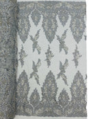 Beaded Floral Fabric - Silver - Luxury Bridal Floral Pattern Fabric With Beads, Sequins Sold By Yard