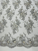 Beaded Sequins Floral Fabric - Silver - Embroidered Beaded Floral Clusters Sequins Fabric By Yard