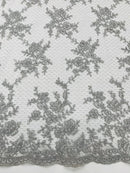 Floral Cluster Corded Fabric - Silver - Fancy Flower Embroidery Lace Mesh Fabric By Yard