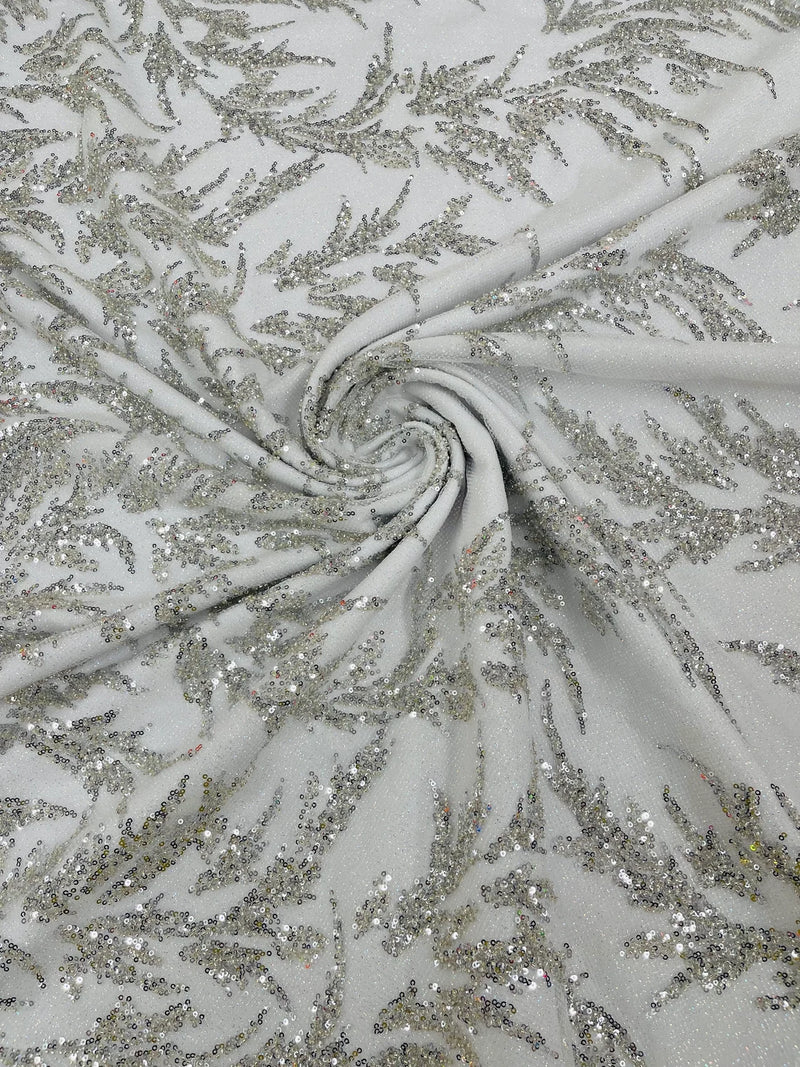 Plant Cluster Glitter Fabric - Silver - Beaded Embroidered Leaf Plant Design on Lace Mesh By Yard