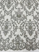 Beaded Butterfly Pattern Fabric - Silver - Damask Fancy Bead Sequins Fabric Sold by Yard