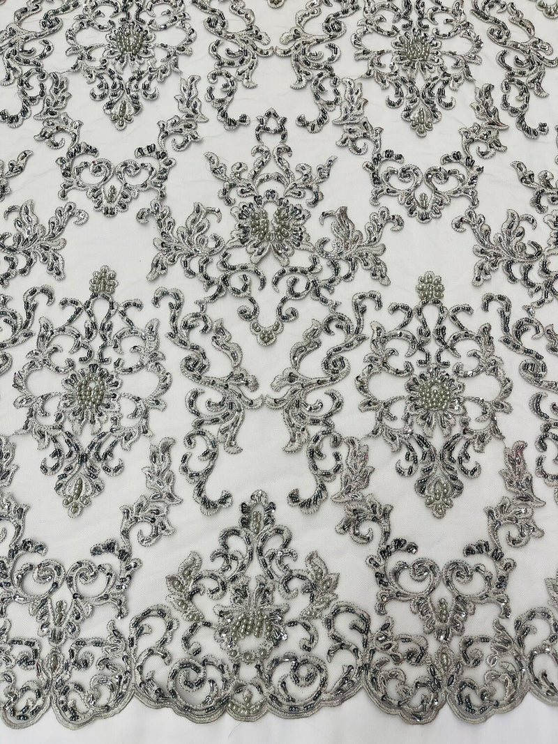 Beaded Butterfly Pattern Fabric - Silver - Damask Fancy Bead Sequins Fabric Sold by Yard