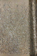 Wavy Floral Beaded Fabric - Silver - Geometric Beaded Sequins Embroidered Fabric Sold By Yard