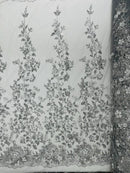 3D Glitter Floral Fabric - Silver - Glitter Sequin Flower Design on Lace Mesh Fabric by Yard