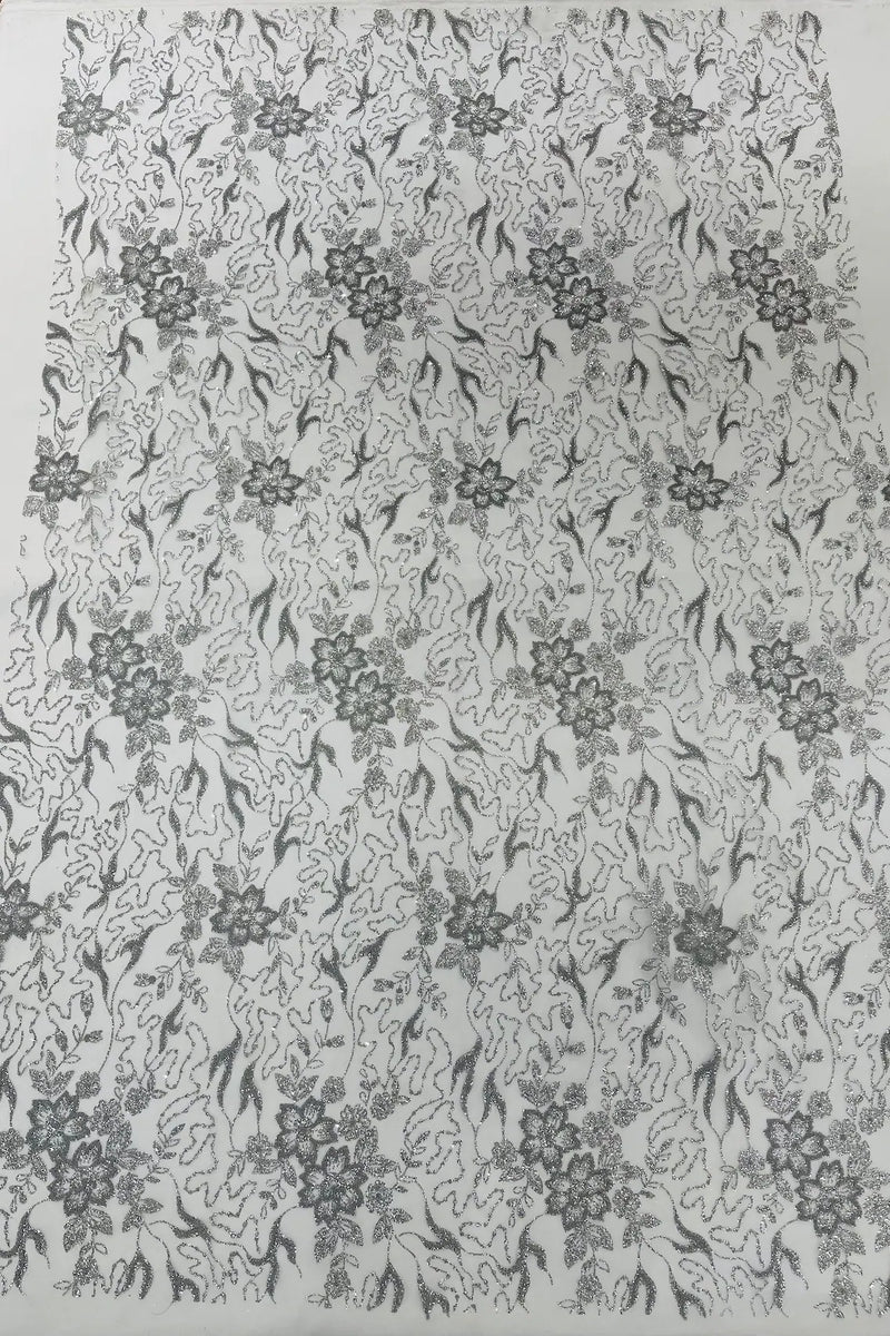 Floral Glitter Design Fabric - Silver - 3D Glitter Tulle Flower Plant Design Fabric By Yard