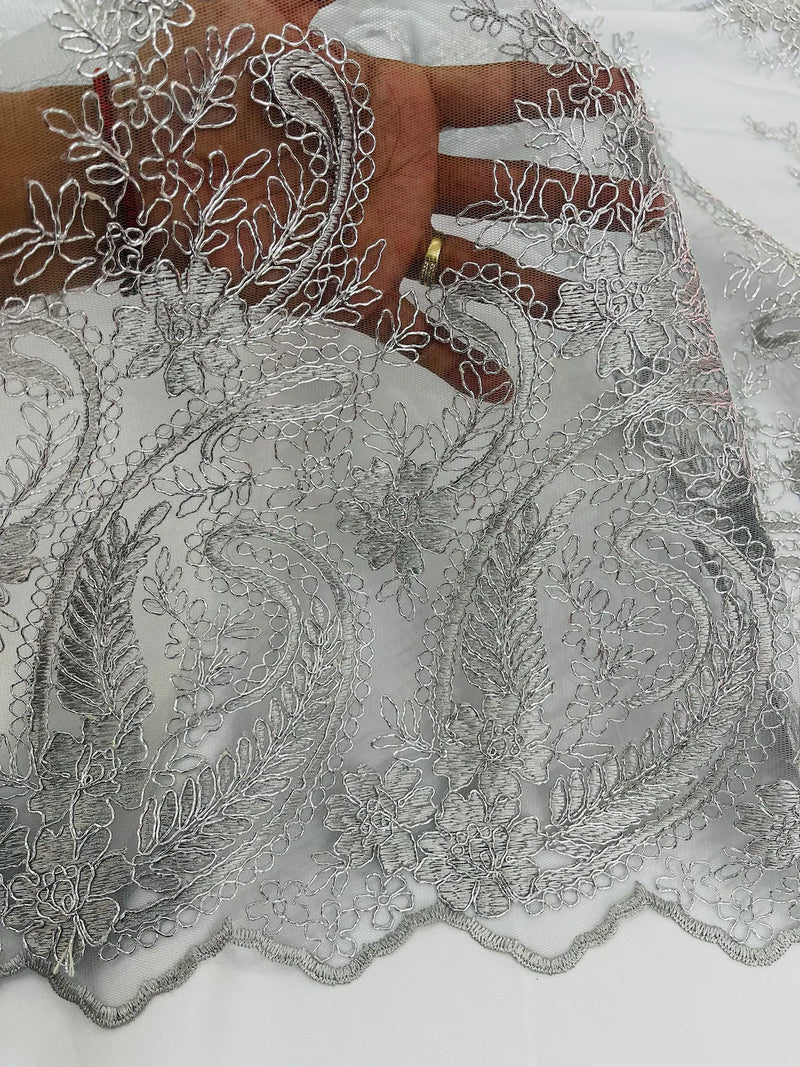 Metallic Paisley Floral Lace - Silver - Corded Floral Lace with Metallic Thread on Mesh By Yard