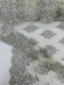 Heavy Bridal Lace Fabric - Silver - Floral Beaded Heavy Lace Fabric Sold by Yard