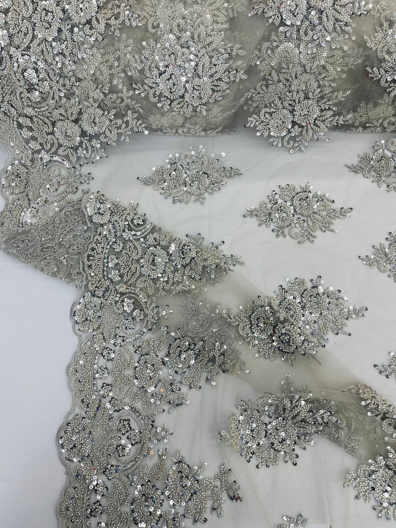 Heavy Bridal Lace Fabric - Silver - Floral Beaded Heavy Lace Fabric Sold by Yard