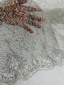 Mermaid Design Glitter Fabric - Silver - Glitter Lace Mesh Design Dress Fabric  By Yard