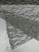 Flaming Fire Design Bead Fabric - Silver - Beaded Embroidered Fabric By Yard