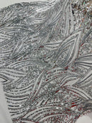 Curvy Design Sequins Fabric - Silver - 4 Way Stretch Curvy Sequins Design Mesh Fabric by Yard