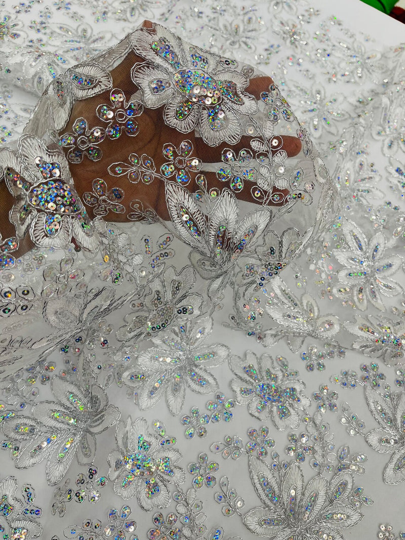 Metallic Floral Lace Fabric - Silver - Hologram Sequins Floral Metallic Thread Fabric by Yard