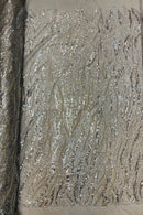 Wavy Leaf Lines Fabric - Silver - Beaded Sequins Leaf Pattern Embroidered On Mesh By Yard