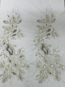 Peacock Feathers Design Lace - Silver - Embroidered Multi-Color Peacock Lace Fabric Sold by Panel