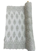 Embroidered Bead Fabric - Silver - Floral Damask Bead Bridal Lace Fabric by the yard