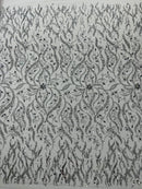 Floral & Leaf Pattern Bead Fabric - Silver - Embroidered Beaded Rhinestone on a Mesh, Sold By Yard