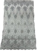 Glitter Damask Geometric Fabric - Silver - Geometric Damask Design Lace Mesh Fabric By Yard