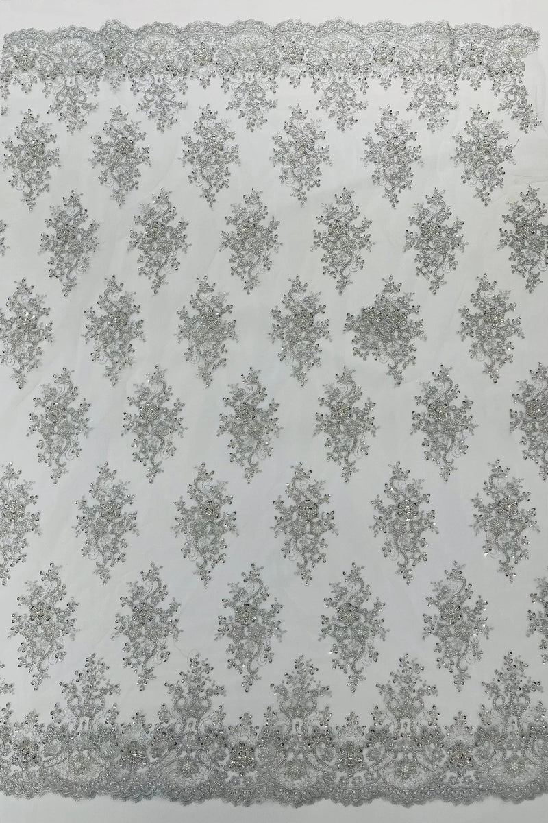 Isabela Design - Silver - Embroidery Beaded Fabric With Sequin on a Mesh Fabric by the yard