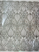 Leaf Damask Bead Fabric - Silver - Embroidered Sequins Heavy Beaded Lace Fabric by Yard