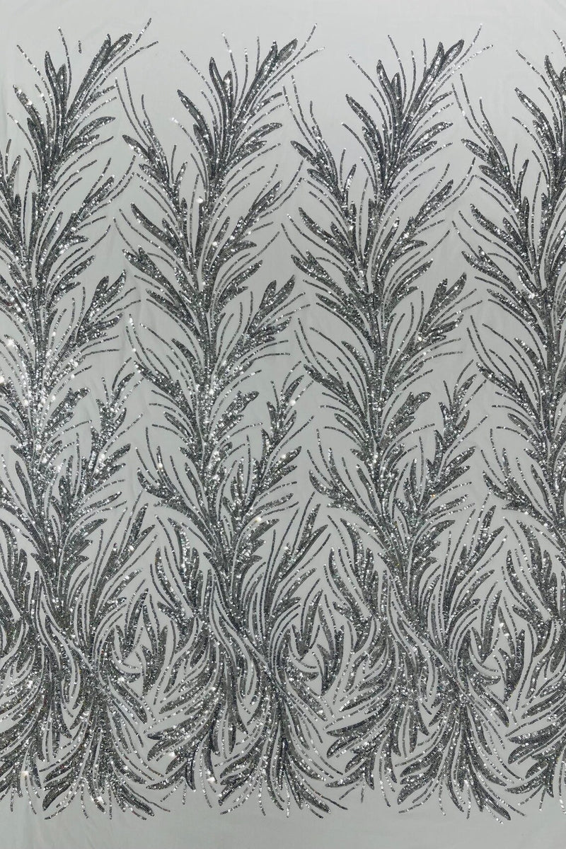 Leaf Stretch Sequins Fabric - Silver - 4 Way Stretch Sequins on Lace Mesh Fabric by Yard