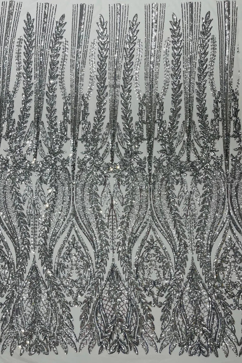 Mermaid Design Fabric - Silver - 4 Way Stretch Sequins Fabric on Lace Mesh Sold By Yard