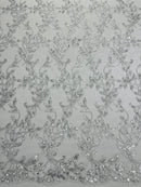 Silver Metallic Thread Leaf Design Embroidered With Sequins on a Mesh Lace Fabric by the Yard