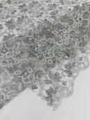Metallic Thread Floral Design - Silver - Flower Lace Sequins Corded by the yard