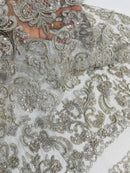My Lady Beaded Fabric - Silver - Damask Beaded Sequins Embroidered Fabric By Yard
