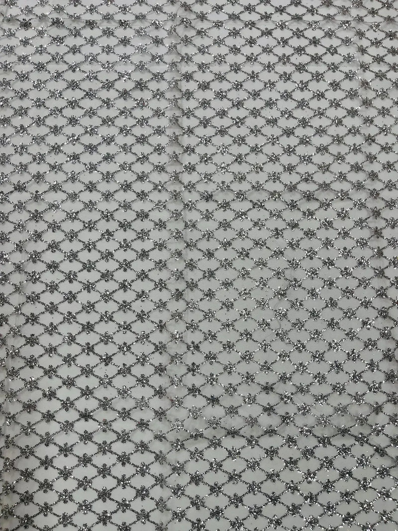 Diamond Design Glitter Fabric - Silver - Triangle Shiny Glitter Mesh with Flower Decor by Yard