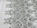 Damask Beaded Glam Fabric -Silver - Embroidery Beaded Fabric with Round Beads Sold By The Yard