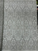 Beautiful Damask Design Glitter Fabric - Silver - Glitter Design on Lace Mesh Dress Fabric By Yard