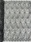 Flower Lines Bead Fabric - Silver - Beaded Flower Fabric with Curled Long Lines Pattern By Yard