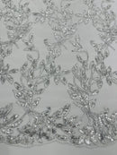 Silver Metallic Thread Leaf Design Embroidered With Sequins on a Mesh Lace Fabric by the Yard