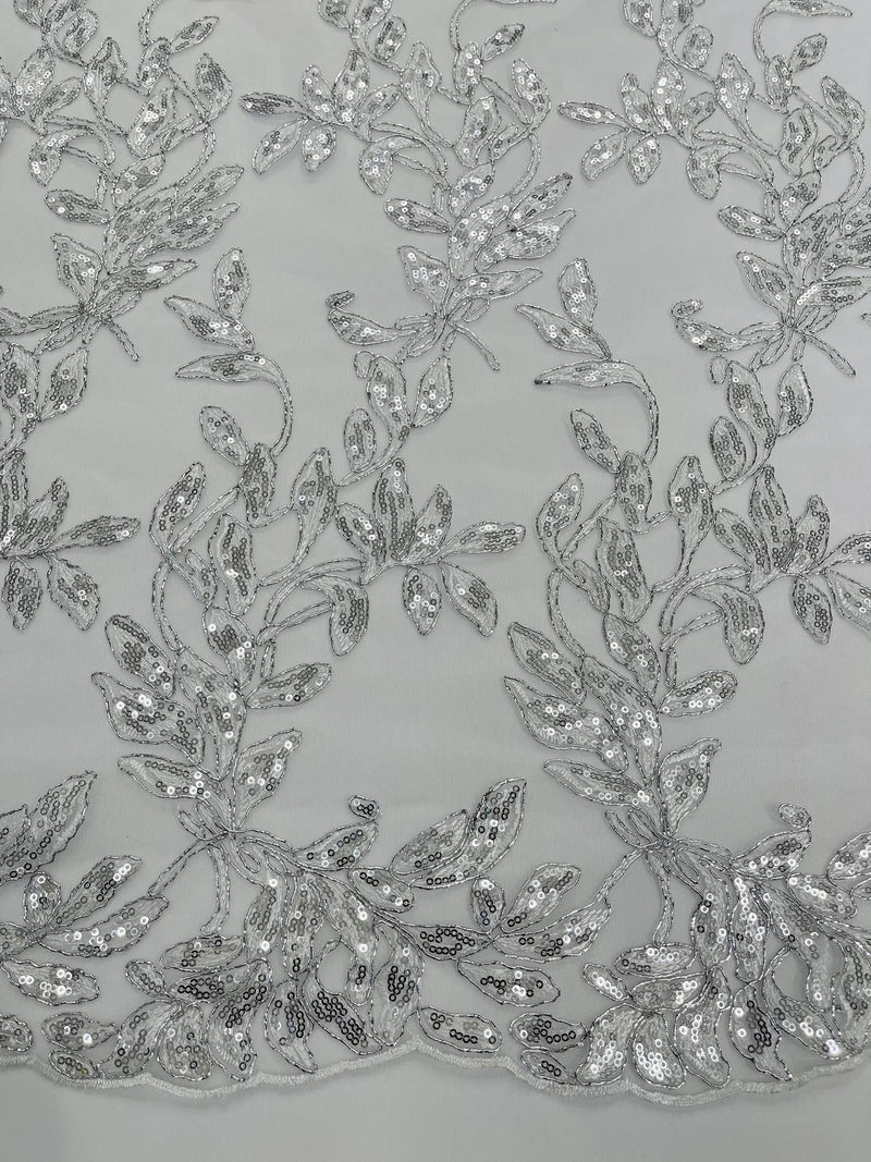 Silver Thread Design Silver Metallic Thread Leaf Design Embroidered With Sequins on a Mesh