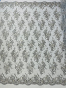 Beaded Sequins Floral Fabric - Silver - Embroidered Beaded Floral Clusters Sequins Fabric By Yard