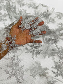 Floral Cluster Corded Fabric - Silver - Fancy Flower Embroidery Lace Mesh Fabric By Yard