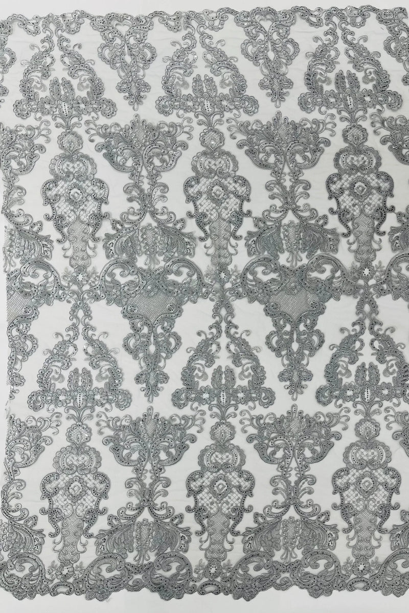 King Lace Design Fabric - Silver - King Design with Sequins Embroidered On Mesh By Yard