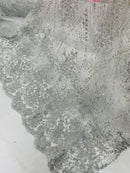 Glitter Damask Geometric Fabric - Silver - Geometric Damask Design Lace Mesh Fabric By Yard