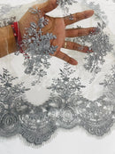 Damask Flower Lace Fabric - Silver - Damask Flowers Embroidered on Lace Fabric By Yard