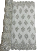 Heavy Bridal Lace Fabric - Silver - Floral Beaded Heavy Lace Fabric Sold by Yard