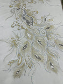 Peacock Feathers Design Lace - Silver - Embroidered Multi-Color Peacock Lace Fabric Sold by Panel