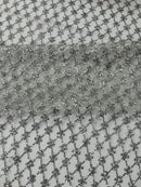 Diamond Design Glitter Fabric - Silver - Triangle Shiny Glitter Mesh with Flower Decor by Yard