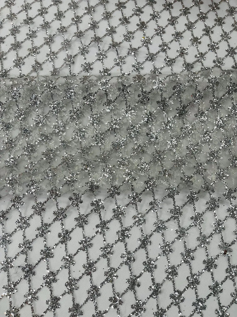 Diamond Design Glitter Fabric - Silver - Triangle Shiny Glitter Mesh with Flower Decor by Yard