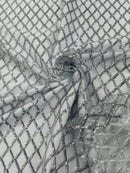 Diamond Net Sequins Fabric - Silver - Geometric Diamond Net Design on Mesh Lace Fabric By Yard