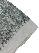 Mermaid Design Fabric - Silver - 4 Way Stretch Sequins Fabric on Lace Mesh Sold By Yard