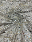 Wavy Leaf Lines Fabric - Silver - Beaded Sequins Leaf Pattern Embroidered On Mesh By Yard