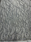 Flaming Fire Design Bead Fabric - Silver - Beaded Embroidered Fabric By Yard