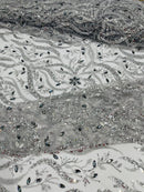 Sample Floral & Leaf Pattern Bead Fabric - Silver - Embroidered Beaded Rhinestone on a Mesh